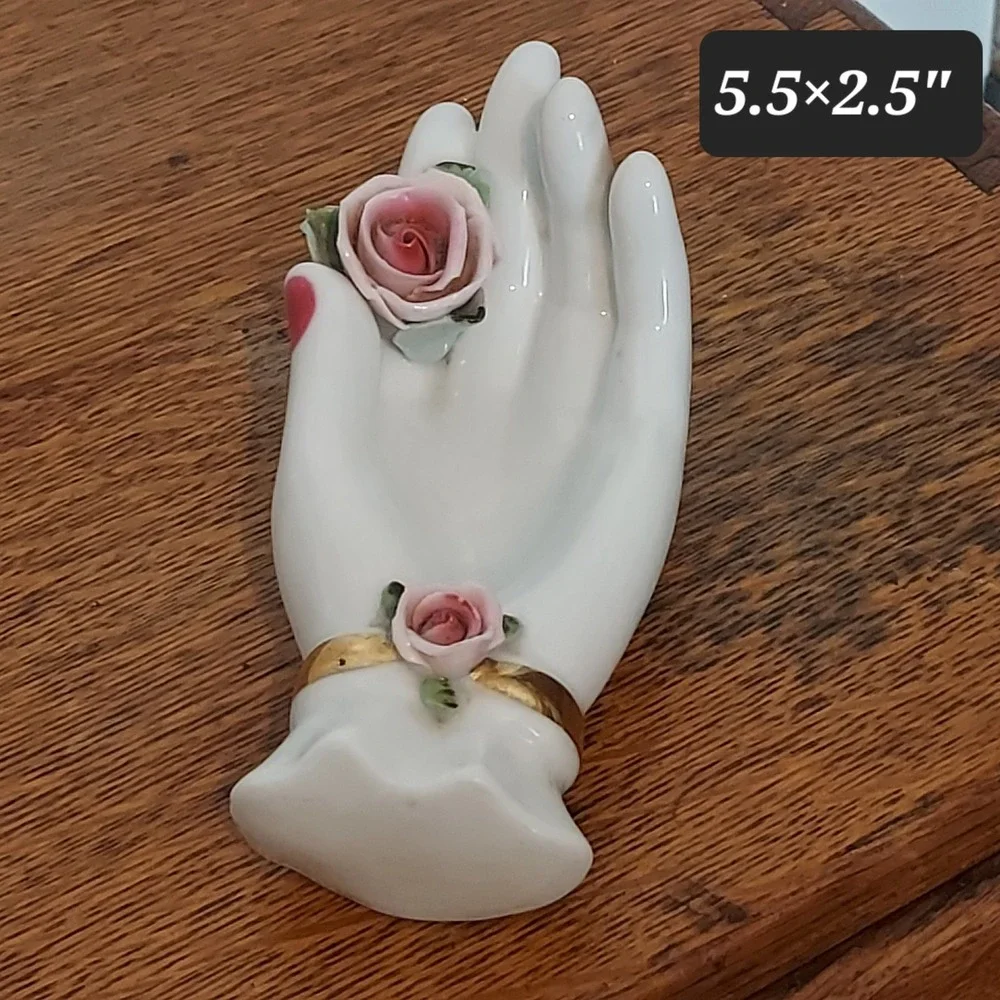 Vintage Lefton China Hand Painted Porcelain Lady Hand Trinket Dish Rose Japan